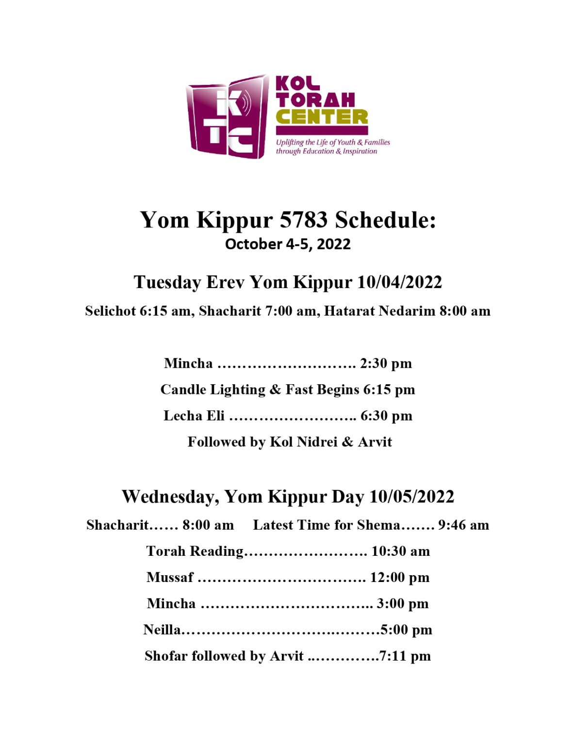 Yom Kippur Schedule 2022/5783 to Kol Torah Center