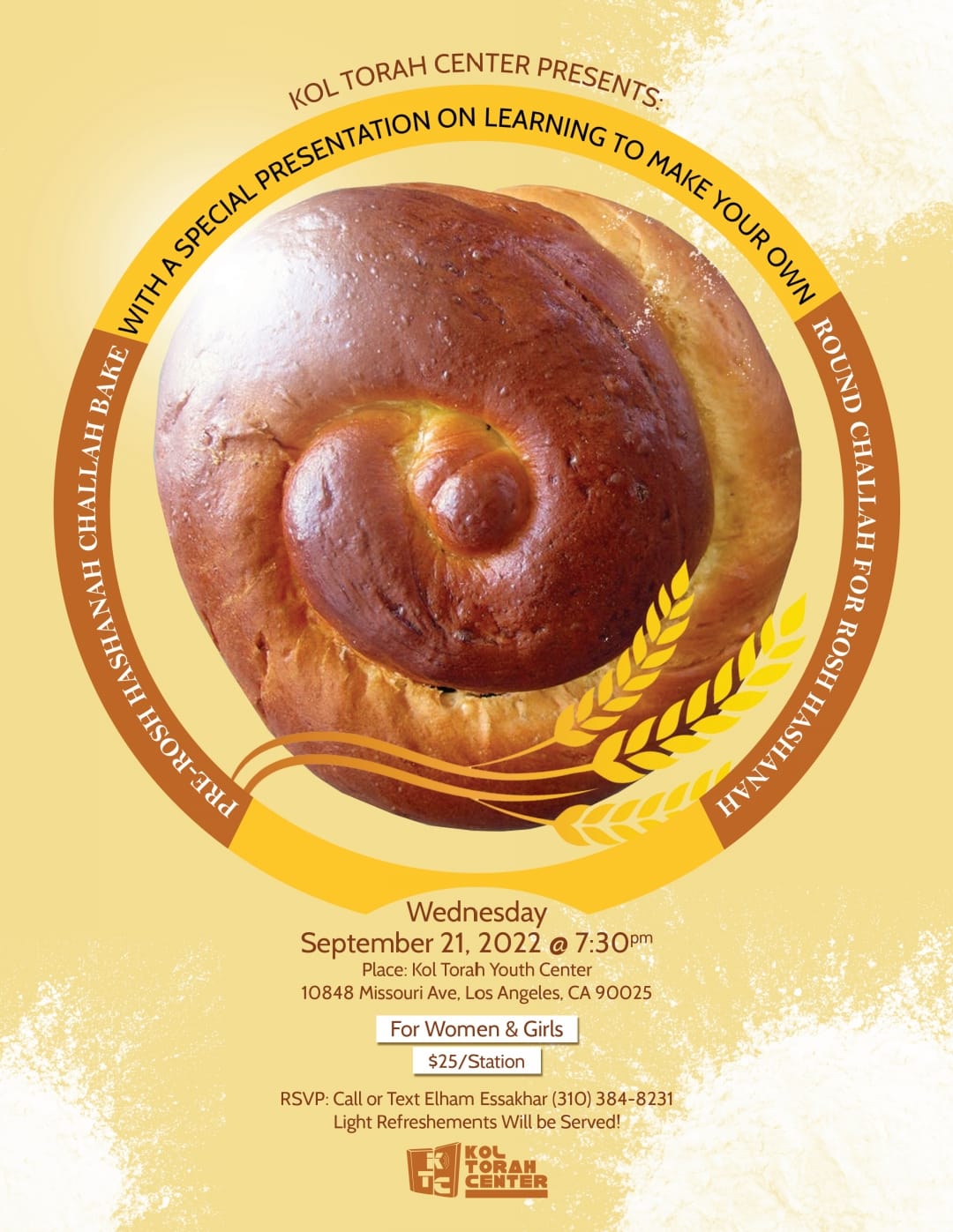 PreRosh Hashannah Challah Bake to Kol Torah Center